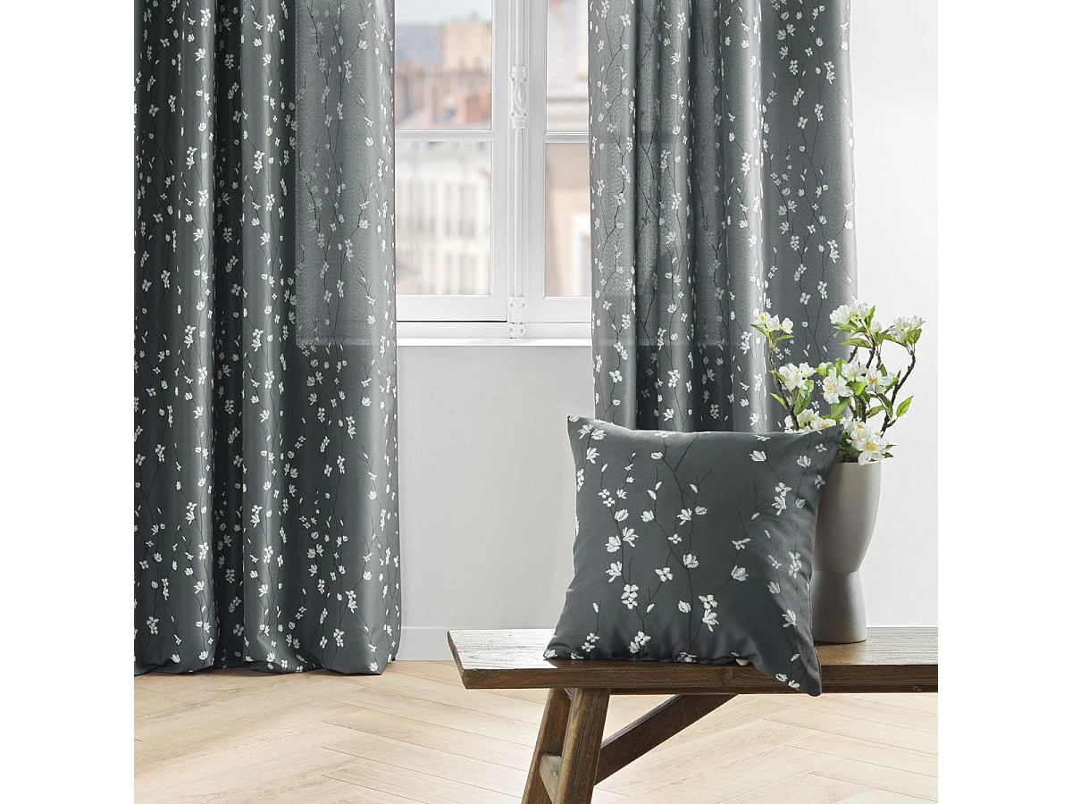 Coussin Déco Imprimé "Sakura" 45x45cm Anthracite