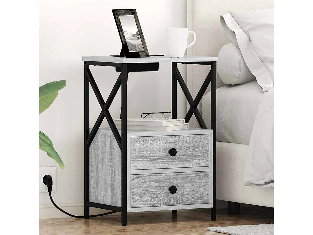 Cabinete de Noche con Estación de Carga con cajón Gris sonoma