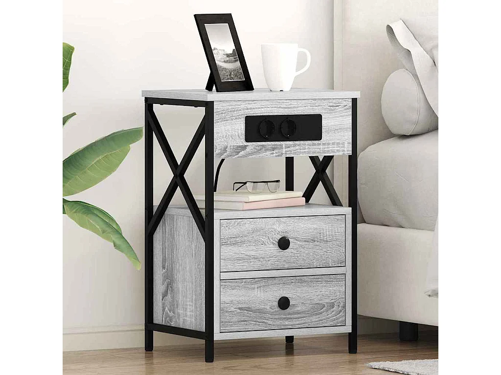 Cabinete de Noche con Estación de Carga con cajón Gris sonoma