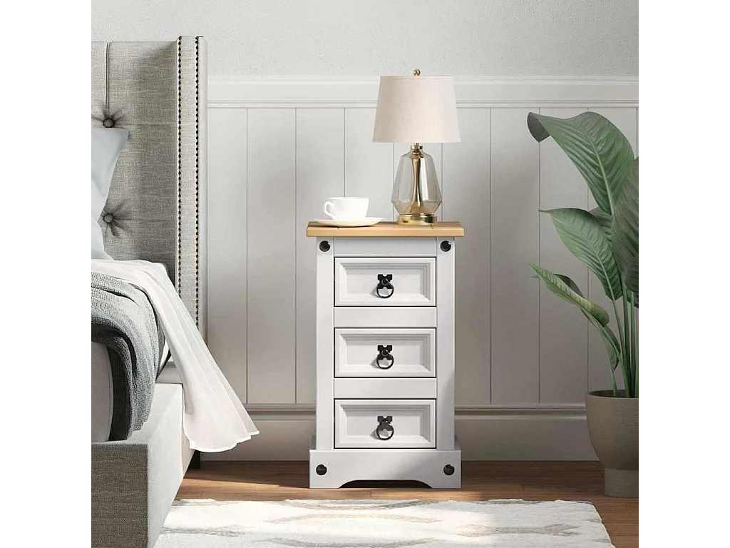Table de chevet avec tiroir Blanc 35 x 32,5 x 58 cm Pin massif