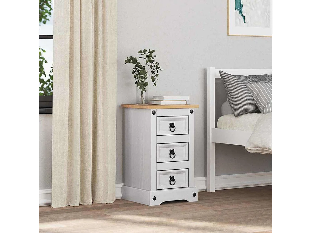 Table de chevet avec tiroir Blanc 35 x 32,5 x 58 cm Pin massif