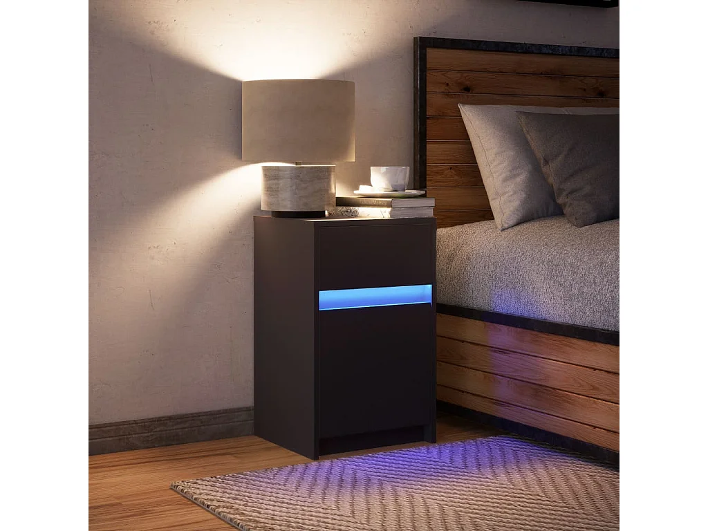 Mesita de noche con luces LED madera de ingeniería negra