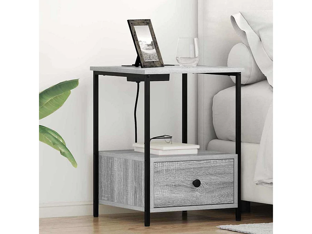 Cabinete de Noche con Estación de Carga con cajón Gris sonoma