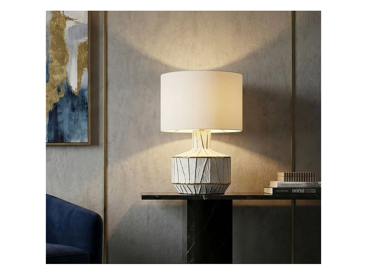 Tangeri moderne tafellamp - cilindrische voet van goud en wit keramiek, stoffen lampenkap, E27 fitting - 40x40x60 cm