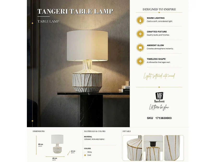 Tangeri moderne tafellamp - cilindrische voet van goud en wit keramiek, stoffen lampenkap, E27 fitting - 40x40x60 cm