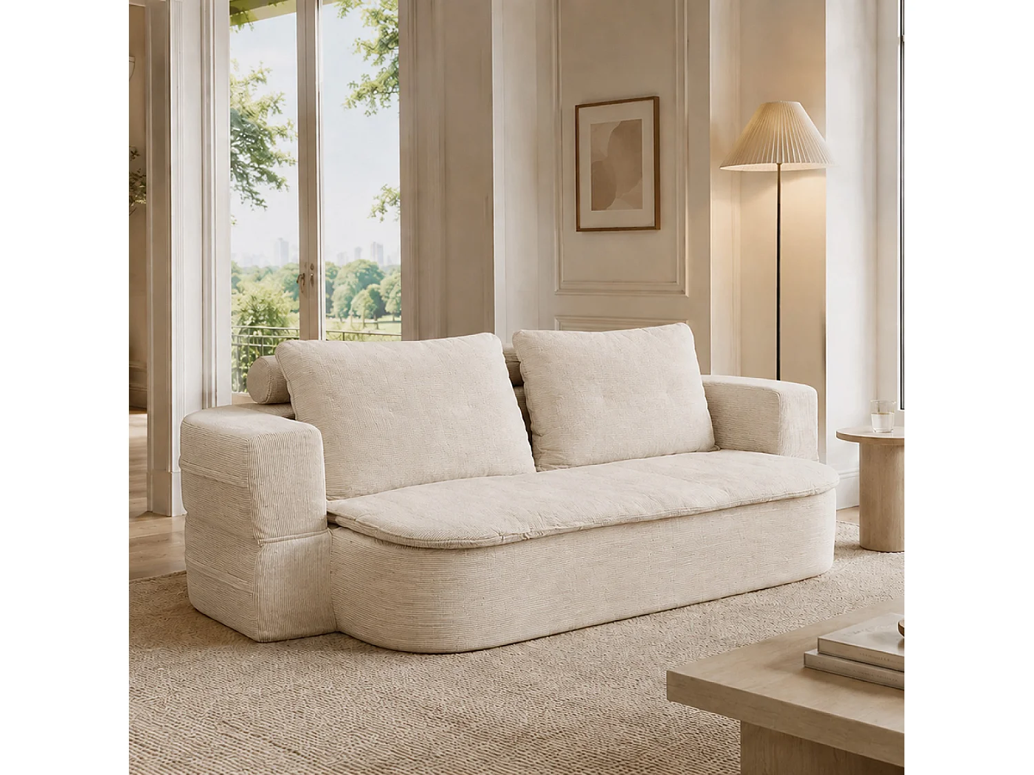 Canapé compressé convertible + couette en velours côtelé beige WATFORD