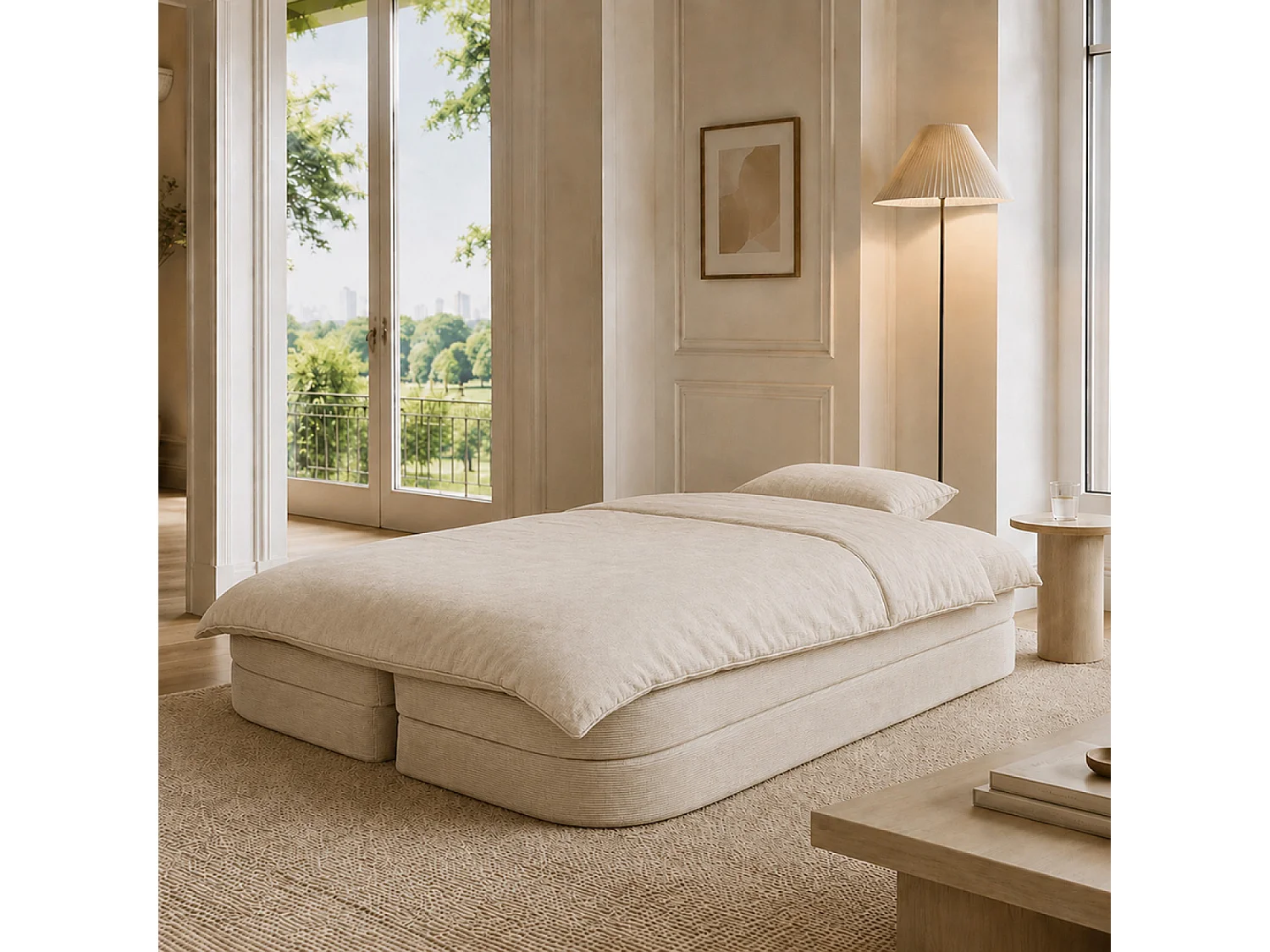 Canapé compressé convertible + couette en velours côtelé beige WATFORD