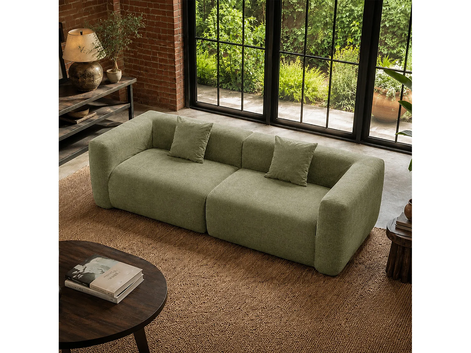 Canapé compressé 4 places en tissu effet laine texturée vert BOLTON