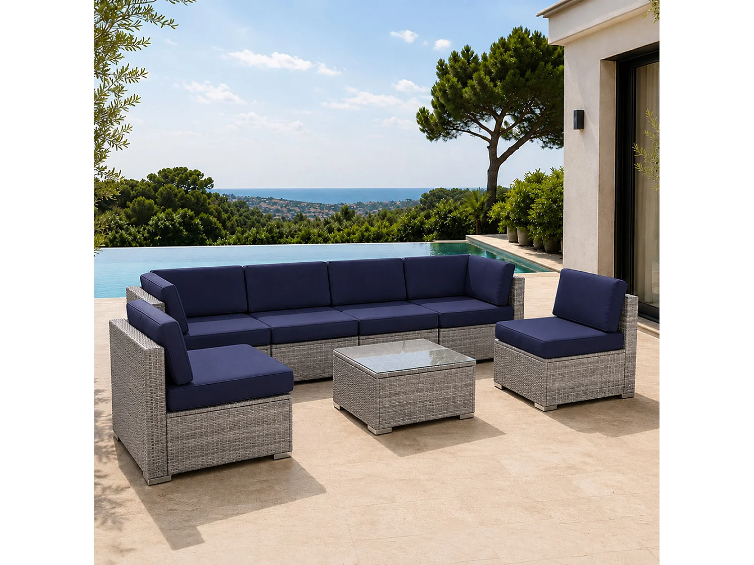 Salon de jardin 6 places modulable en résine tressée gris et bleu QAMEA