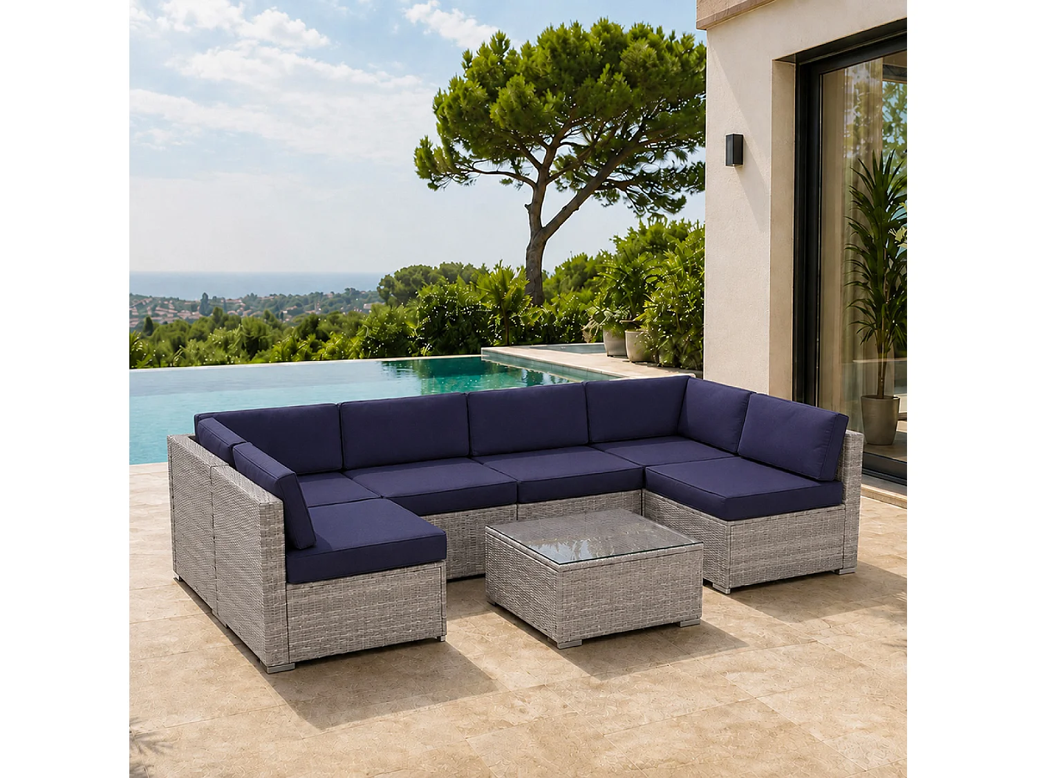 Salon de jardin 6 places modulable en résine tressée gris et bleu QAMEA