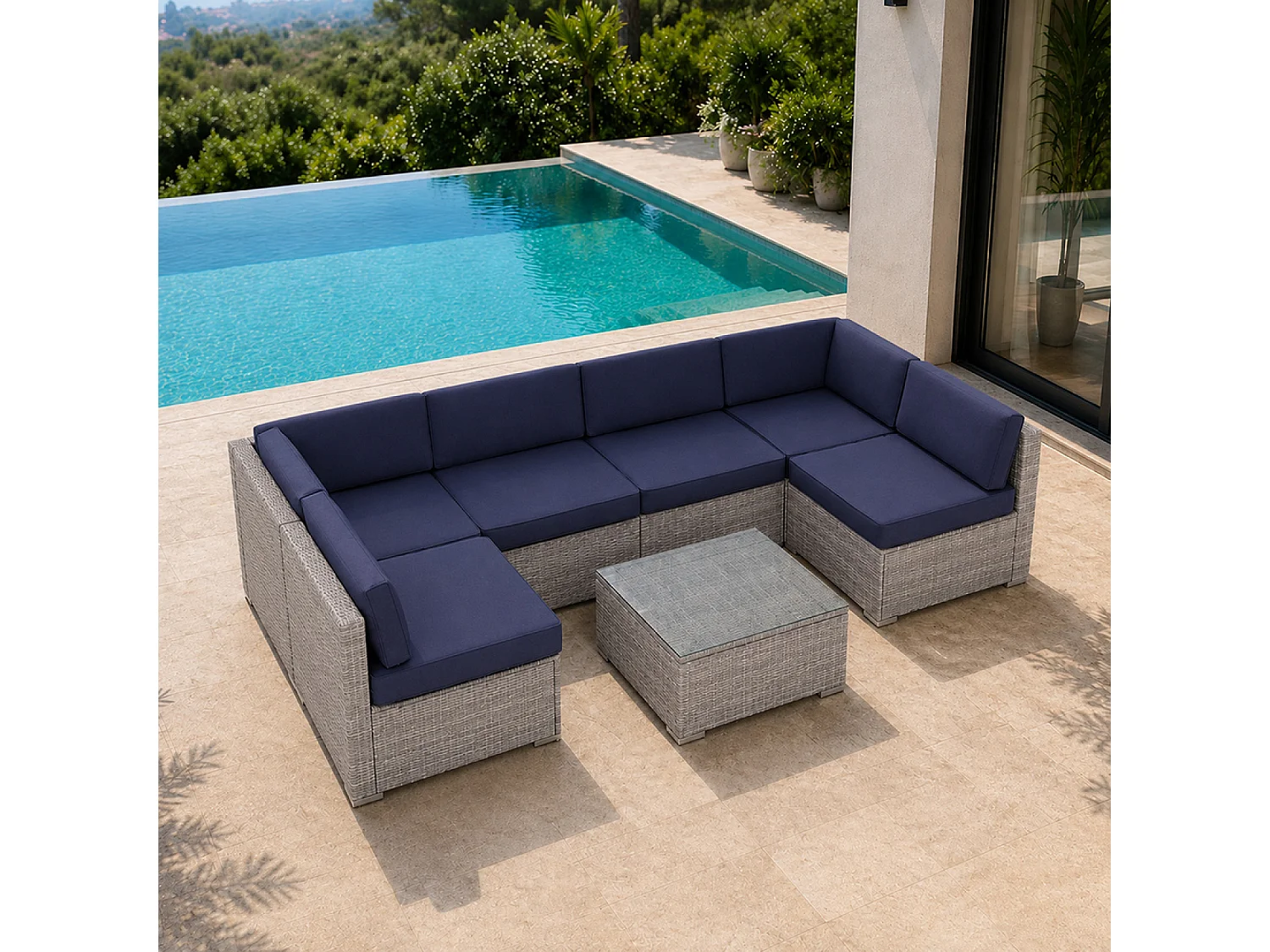 Salon de jardin 6 places modulable en résine tressée gris et bleu QAMEA