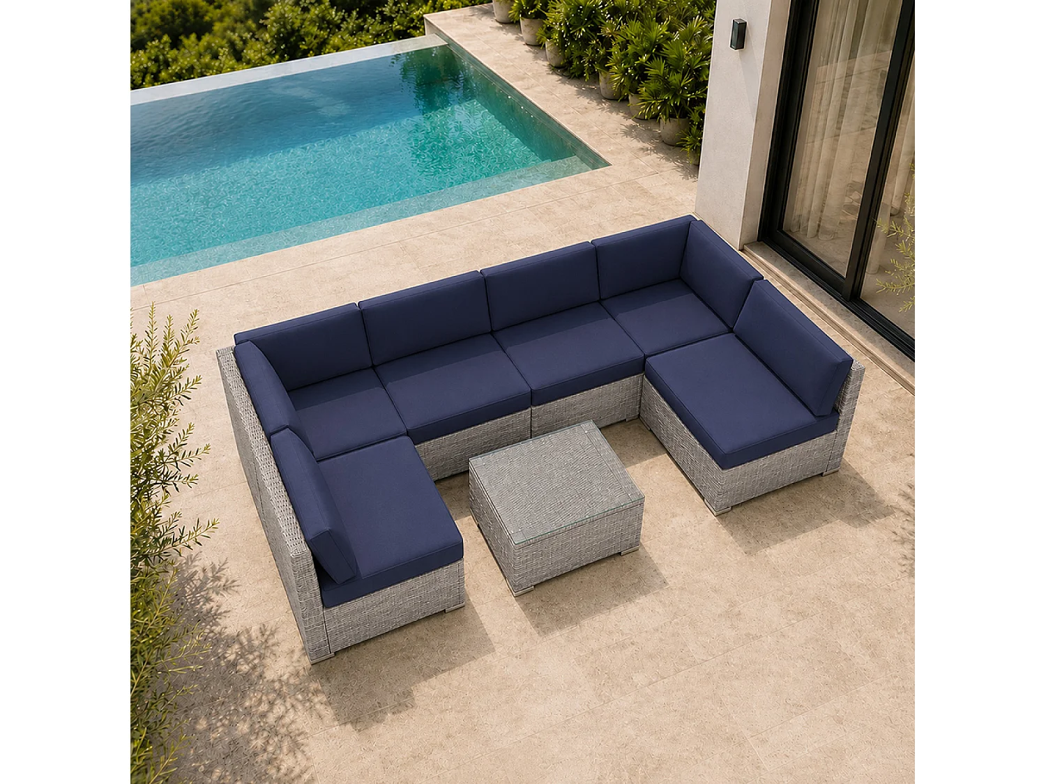 Salon de jardin 6 places modulable en résine tressée gris et bleu QAMEA