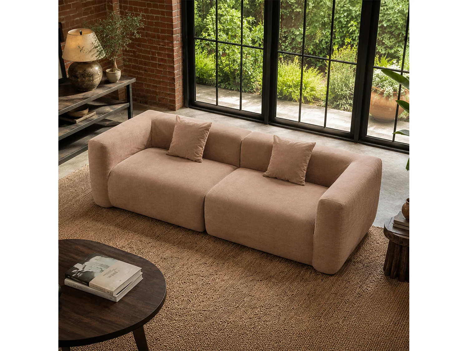 Canapé compressé 4 places en tissu effet laine texturée taupe BOLTON