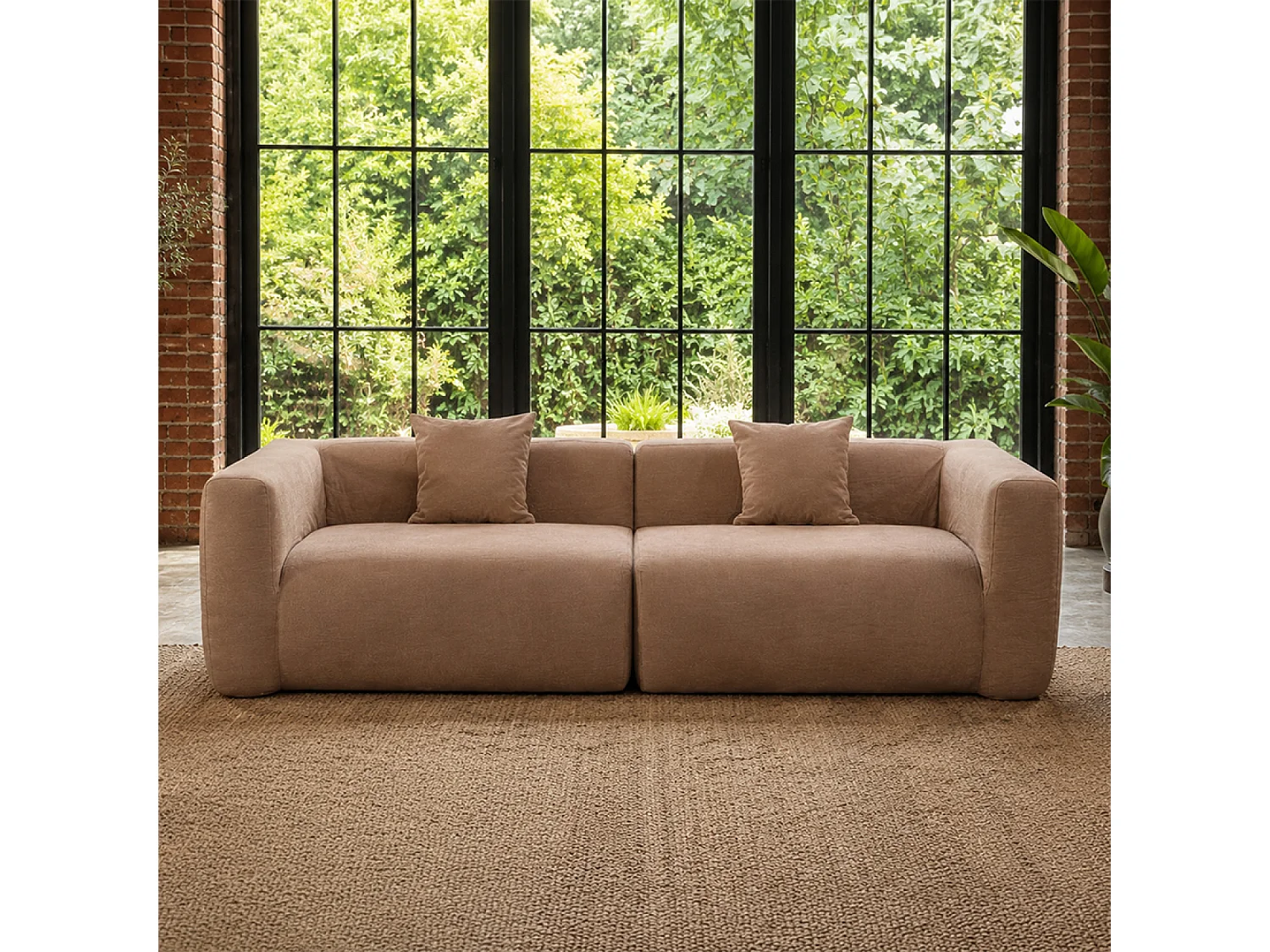 Canapé compressé 4 places en tissu effet laine texturée taupe BOLTON