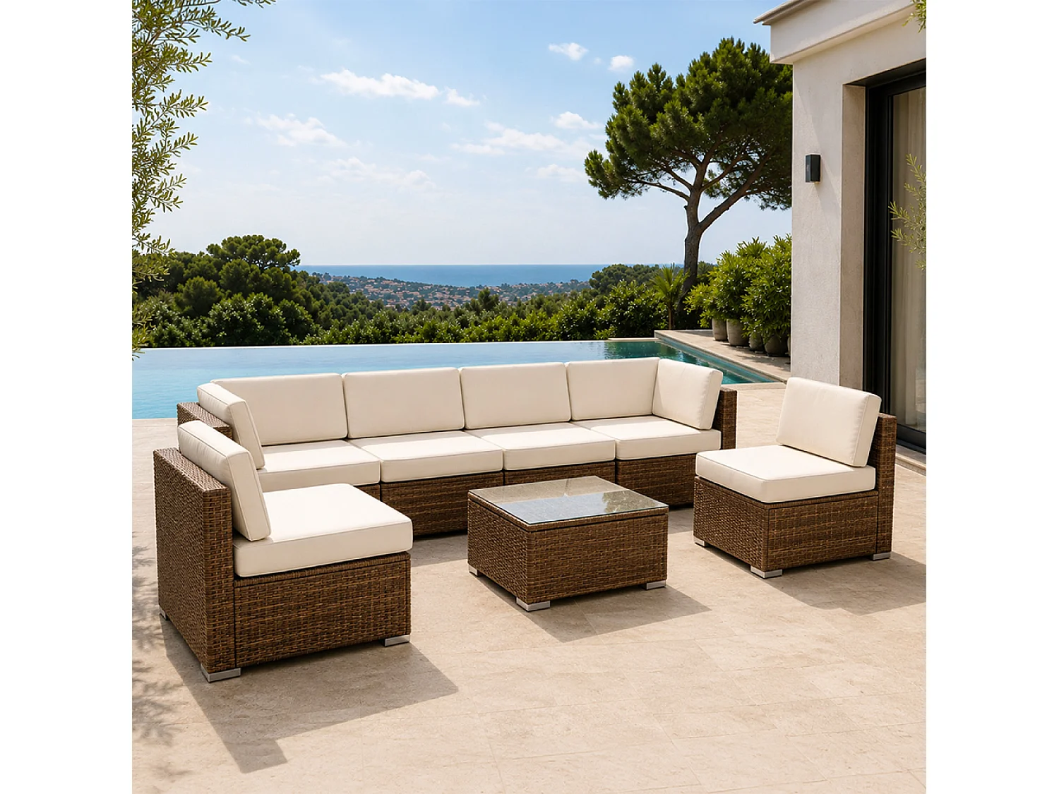 Salon de jardin 6 places modulable en résine tressée marron et beige QAMEA