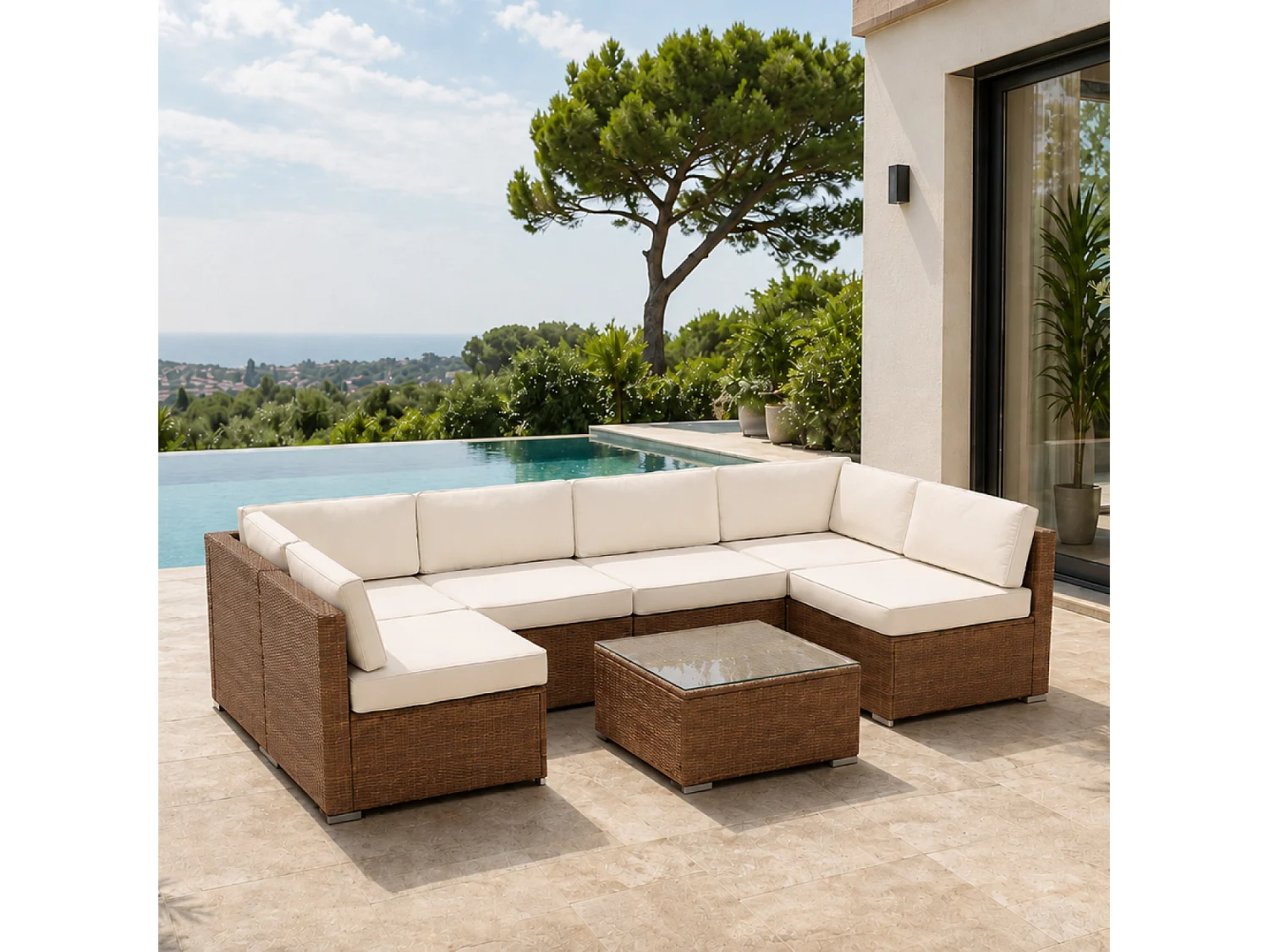 Salon de jardin 6 places modulable en résine tressée marron et beige QAMEA