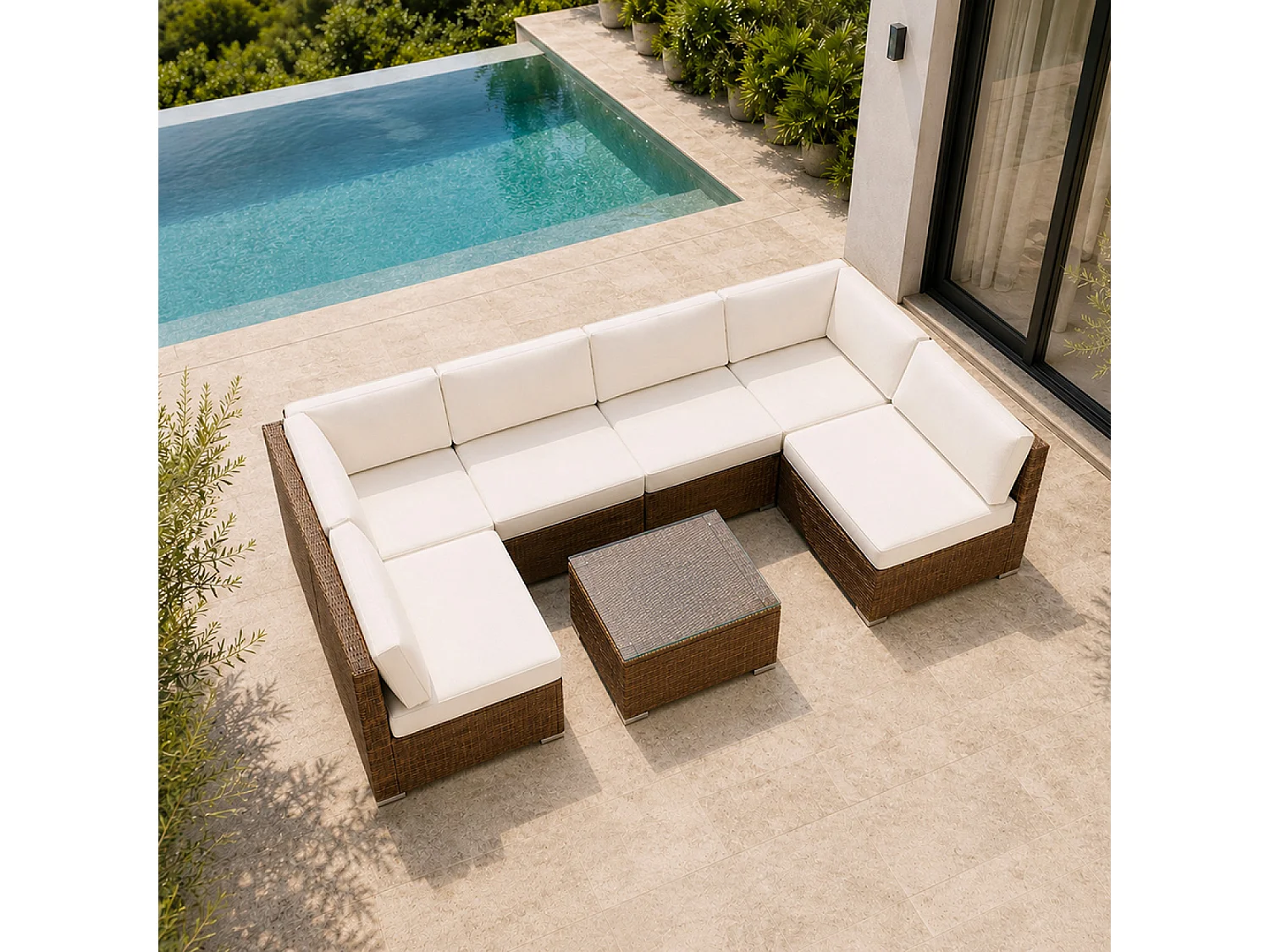 Salon de jardin 6 places modulable en résine tressée marron et beige QAMEA