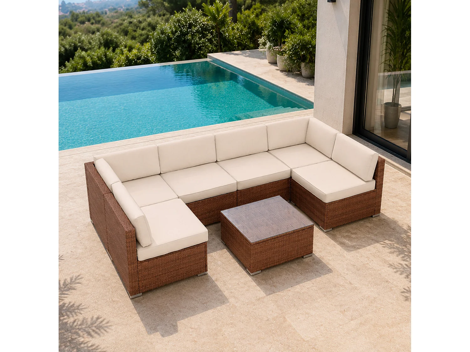 Salon de jardin 6 places modulable en résine tressée marron et beige QAMEA