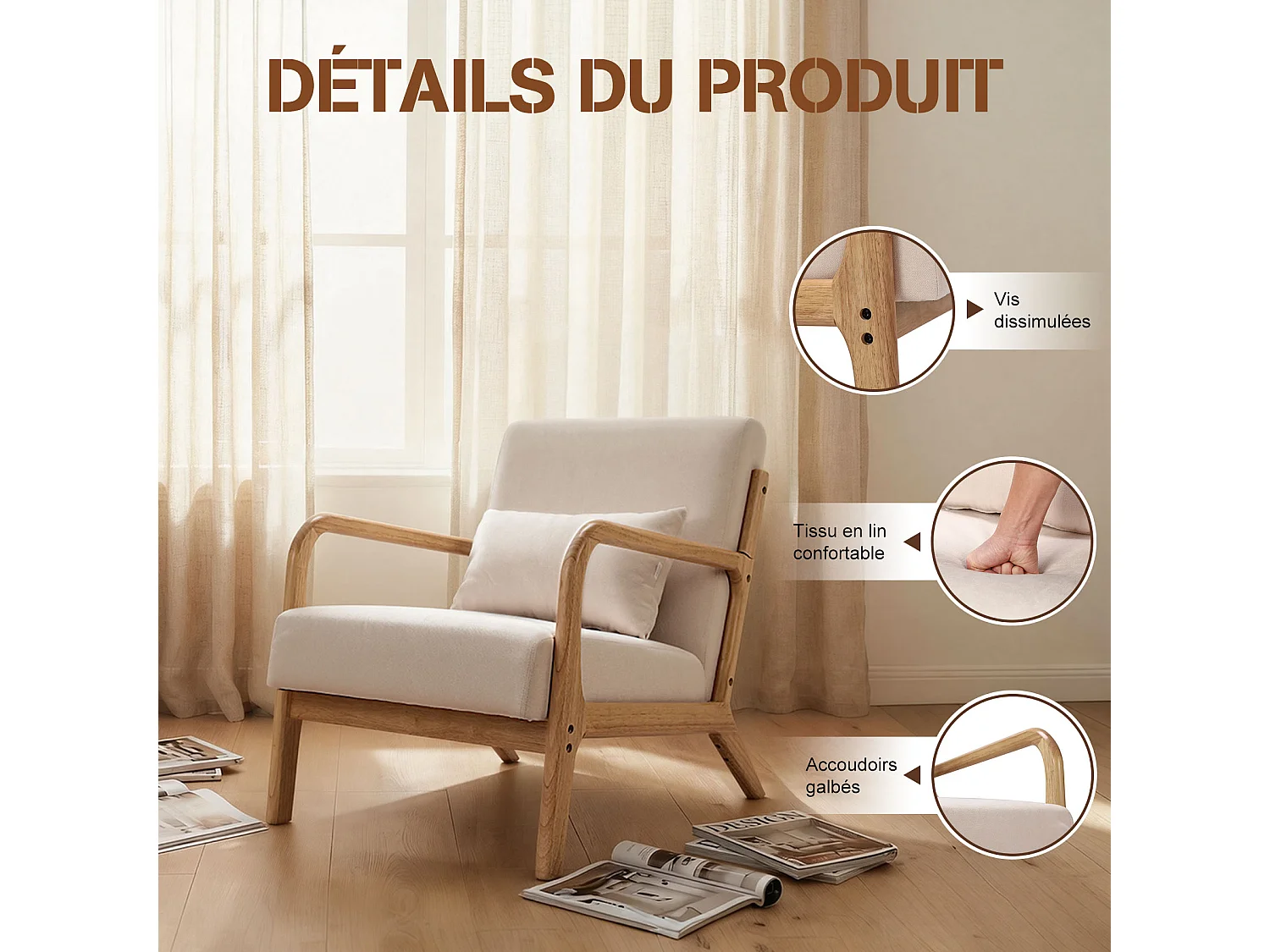 Fauteuil lounge de style japonais – Structure en bois massif Natural Original Wood, assise ergonomique à dossier haut, chaise confortable avec coussin rembourré, id