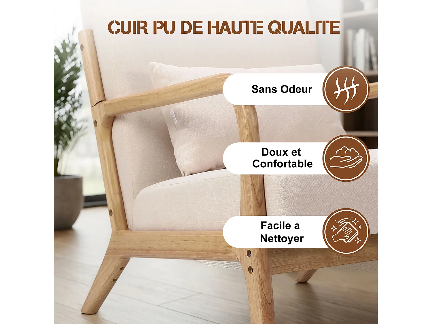 Fauteuil lounge de style japonais – Structure en bois massif Natural Original Wood, assise ergonomique à dossier haut, chaise confortable avec coussin rembourré, id