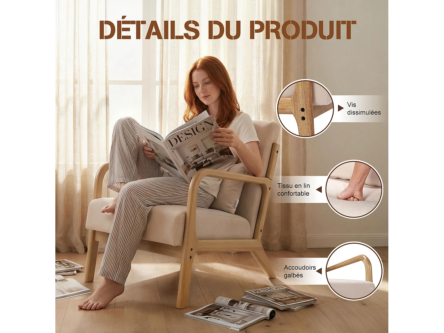 Fauteuil lounge de style japonais – Structure en bois massif Natural Original Wood, assise ergonomique à dossier haut, chaise confortable avec coussin rembourré, id