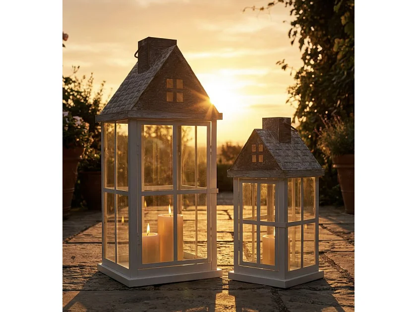 Lot de 2 Lanternes en Bois "Home" 55cm Blanc