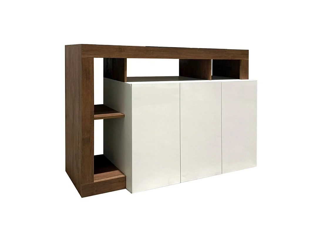 Buffet BURA 3 portes 146 cm – Blanc brillant et aspect bois foncé – Design contemporain