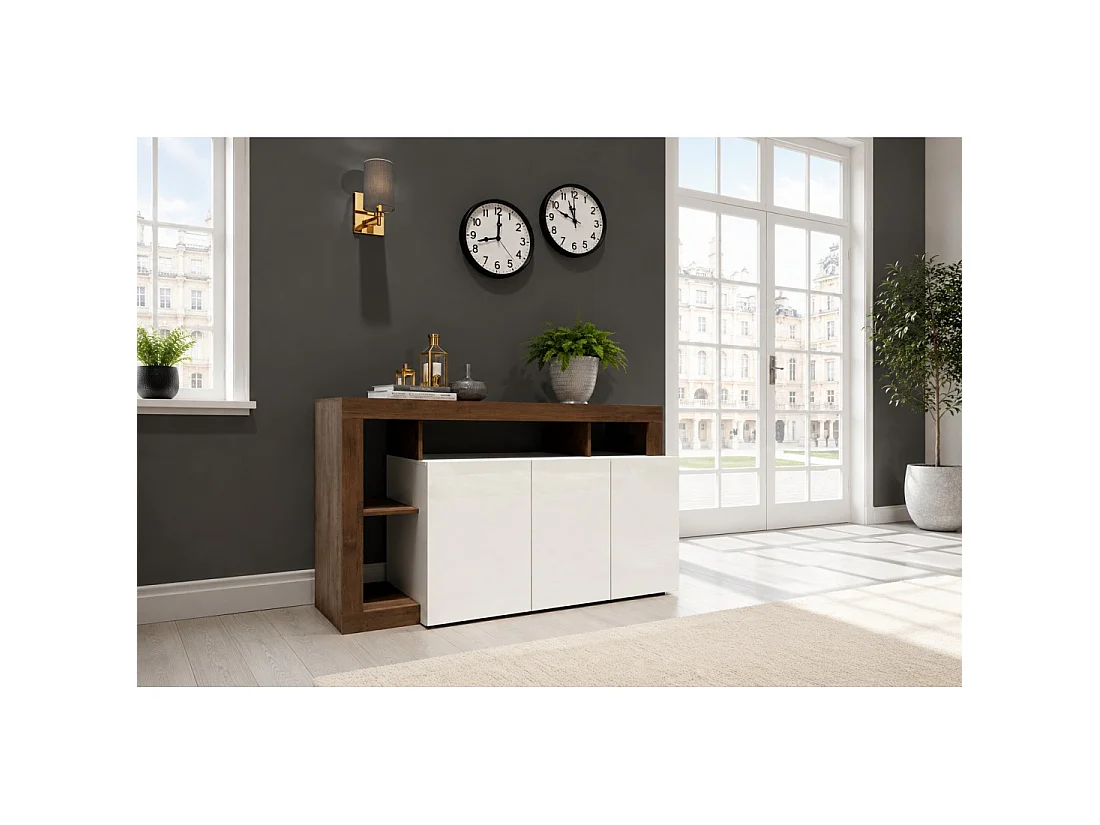 Buffet BURA 3 portes 146 cm – Blanc brillant et aspect bois foncé – Design contemporain
