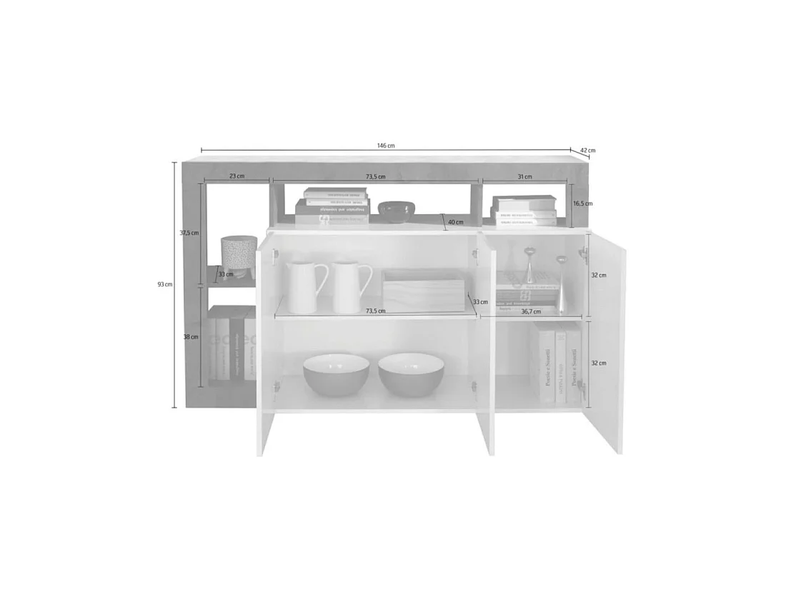 Buffet BURA 3 portes 146 cm – Blanc brillant et aspect bois foncé – Design contemporain