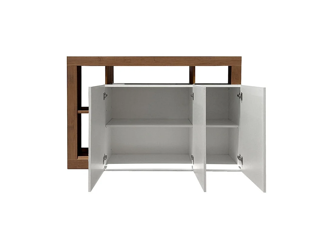 Buffet BURA 3 portes 146 cm – Blanc brillant et aspect bois foncé – Design contemporain
