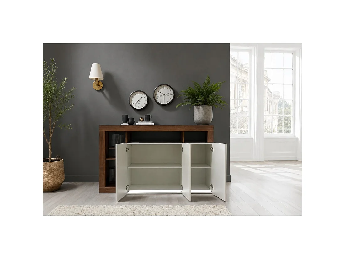 Buffet BURA 3 portes 146 cm – Blanc brillant et aspect bois foncé – Design contemporain