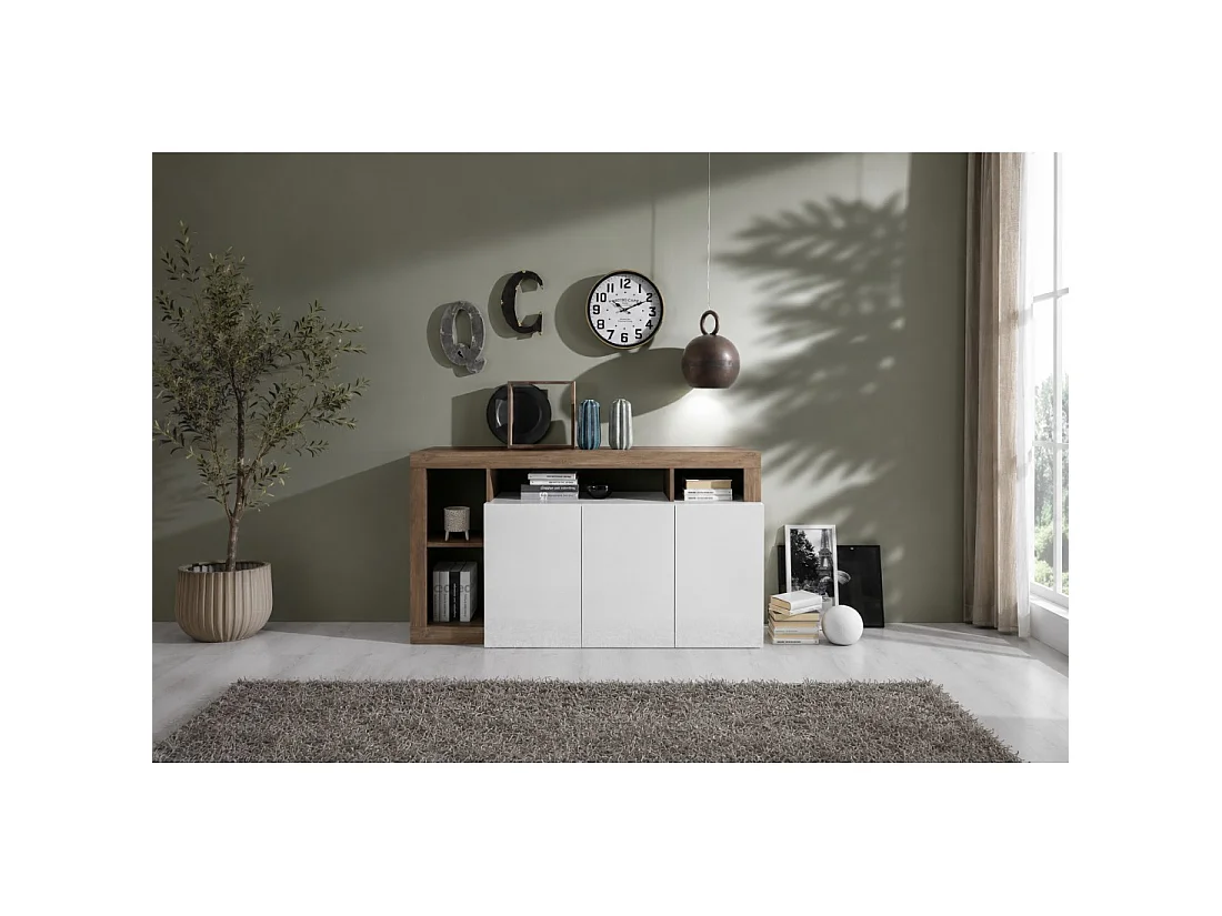 Buffet BURA 3 portes 146 cm – Blanc brillant et aspect bois foncé – Design contemporain
