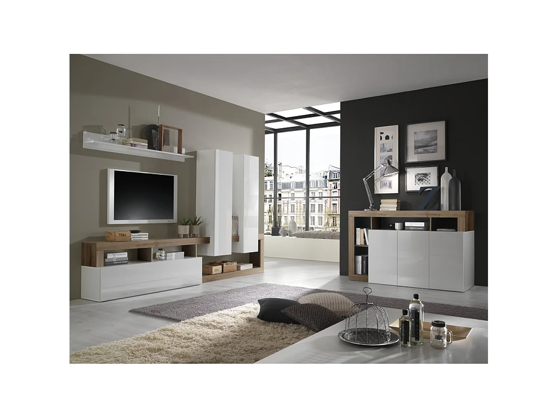 Buffet BURA 3 portes 146 cm – Blanc brillant et aspect bois foncé – Design contemporain