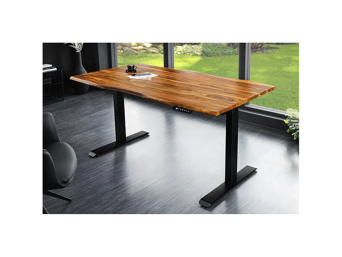 Bureau électrique haut de gamme ARKAYA 140 cm en Sheesham massif à bord naturel biseauté – Hauteur réglable