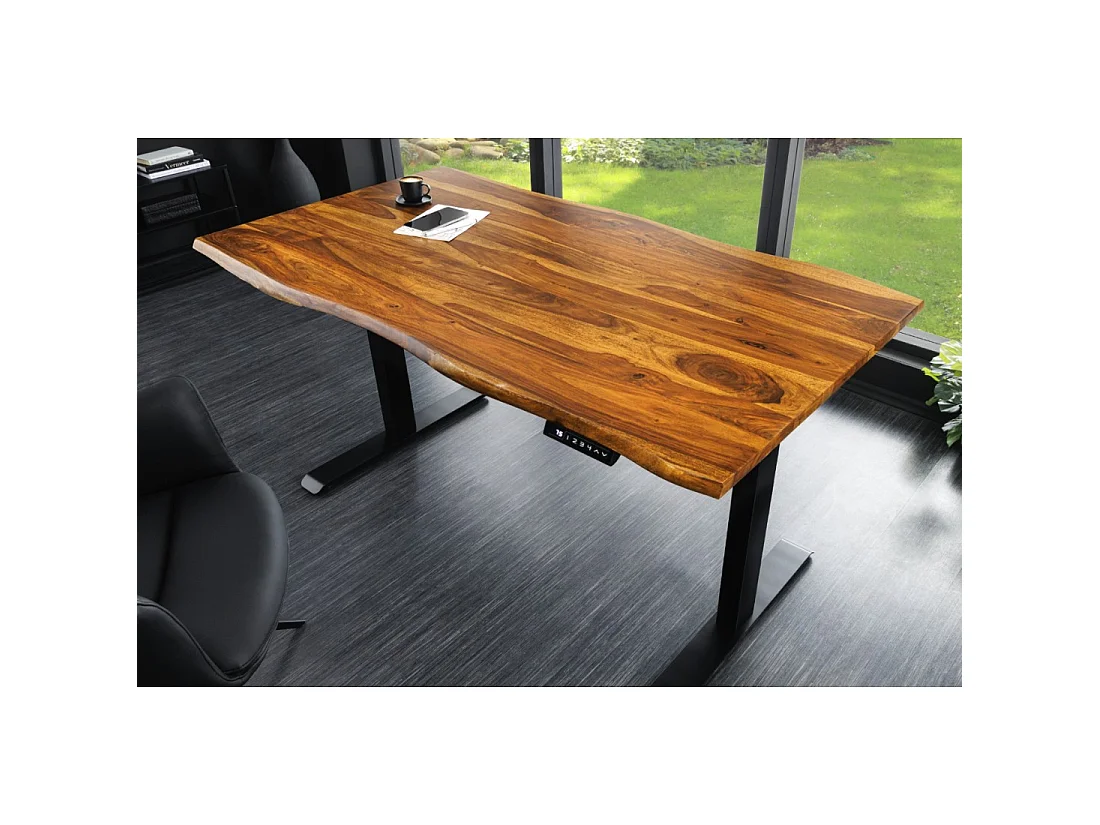 Bureau électrique haut de gamme ARKAYA 140 cm en Sheesham massif à bord naturel biseauté – Hauteur réglable