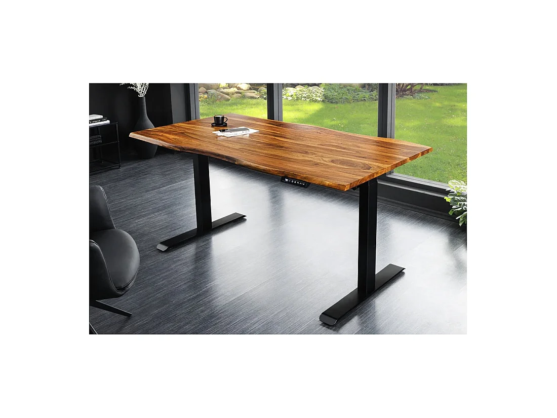 Bureau haut de gamme électrique ARKAYA 160 cm en Sheesham massif à bord naturel biseauté – Hauteur réglable