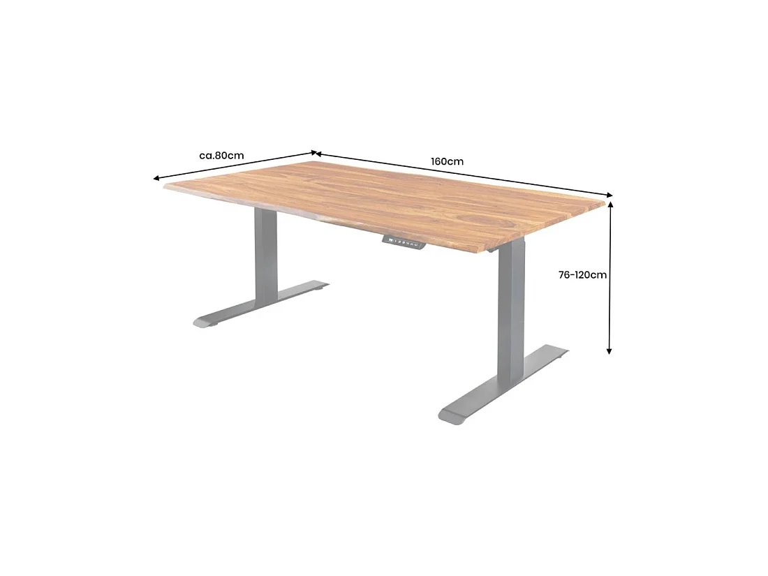 Bureau haut de gamme électrique ARKAYA 160 cm en Sheesham massif à bord naturel biseauté – Hauteur réglable