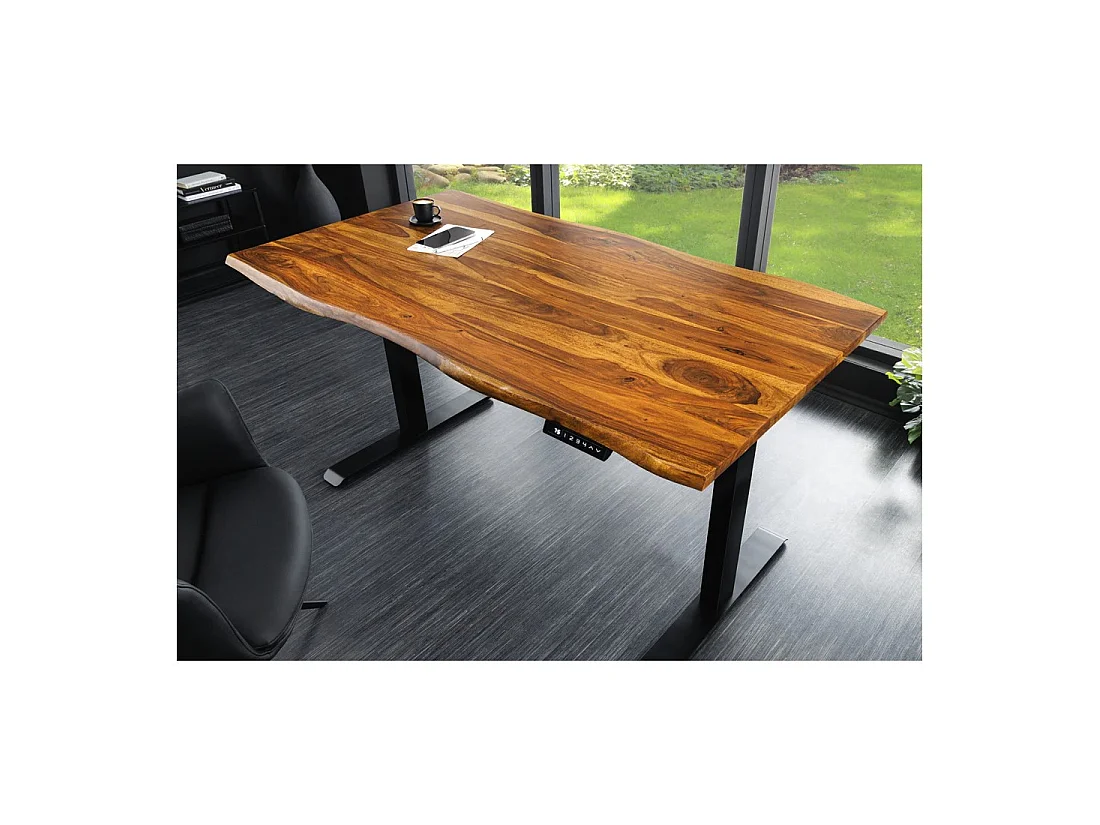 Bureau haut de gamme électrique ARKAYA 160 cm en Sheesham massif à bord naturel biseauté – Hauteur réglable