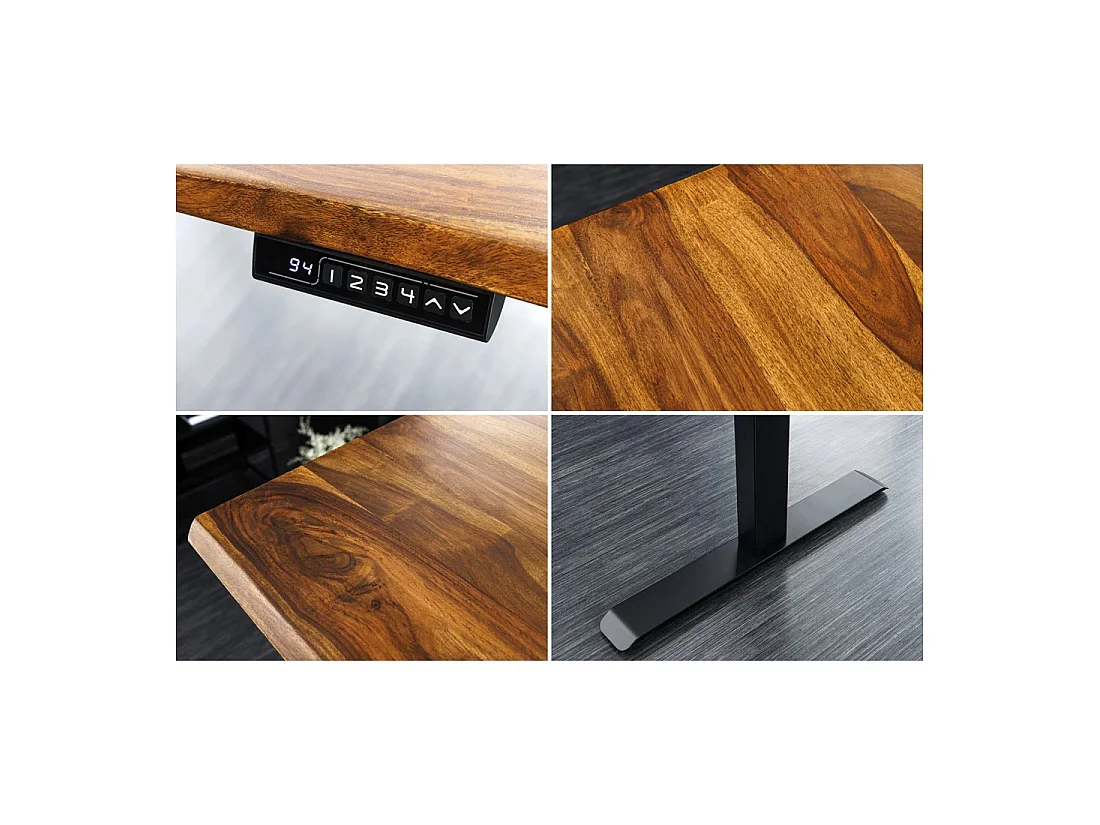 Bureau haut de gamme électrique ARKAYA 160 cm en Sheesham massif à bord naturel biseauté – Hauteur réglable