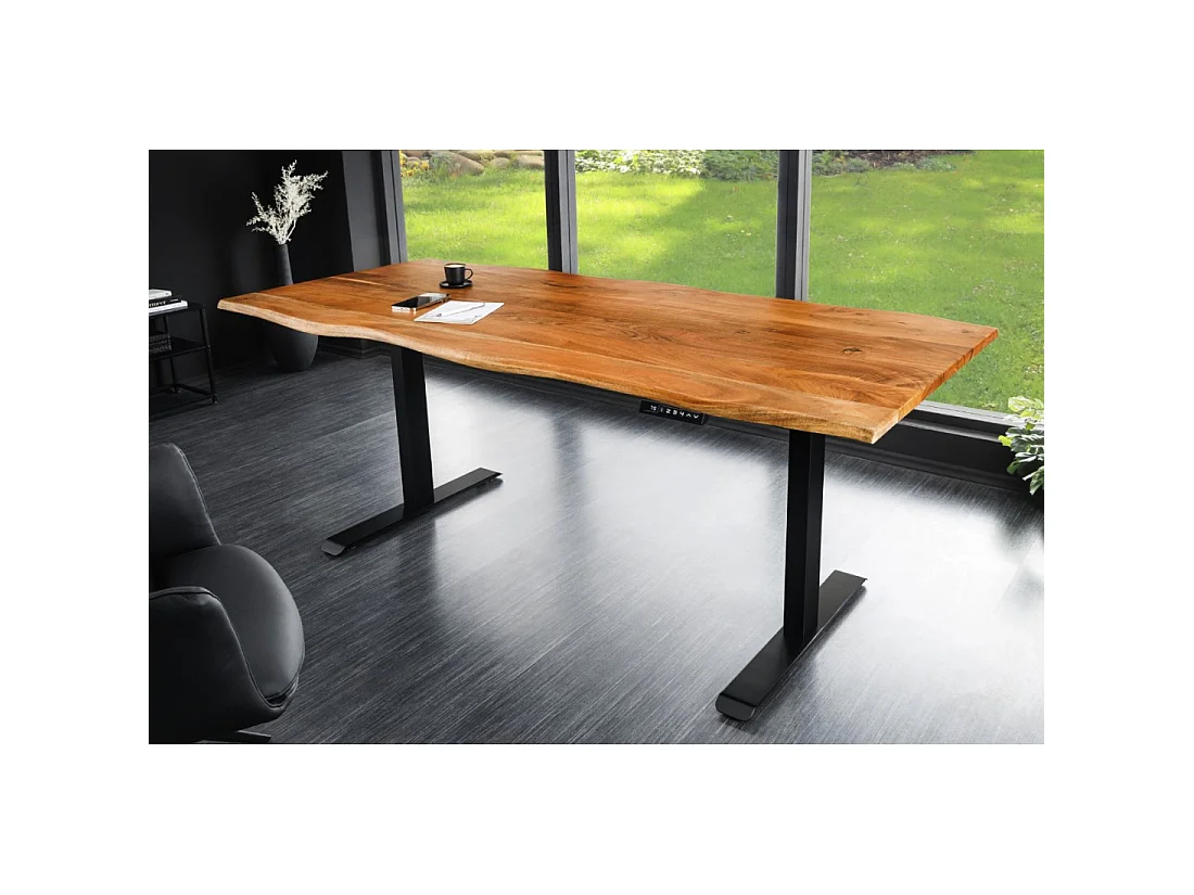 Bureau électrique haut de gamme ARKAYA 180 cm en acacia massif à bord naturel biseauté – Hauteur réglable
