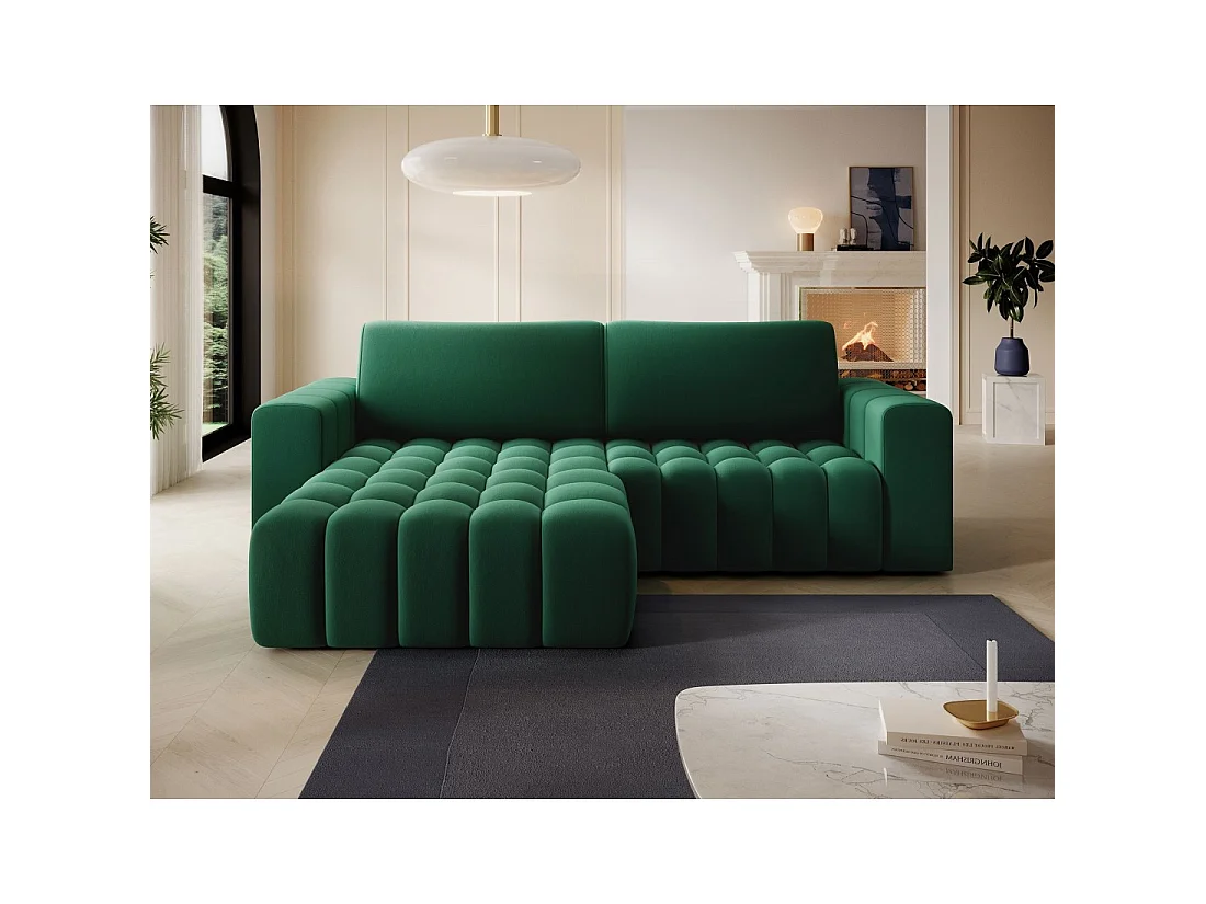 Canapé d'angle convertible DORY vert foncé 250 cm avec coffre de rangement angle gauche