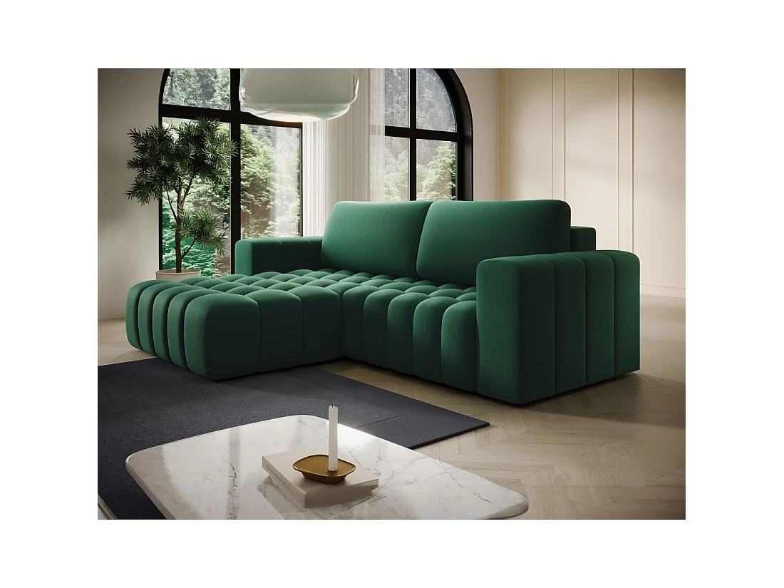Canapé d'angle convertible DORY vert foncé 250 cm avec coffre de rangement angle gauche