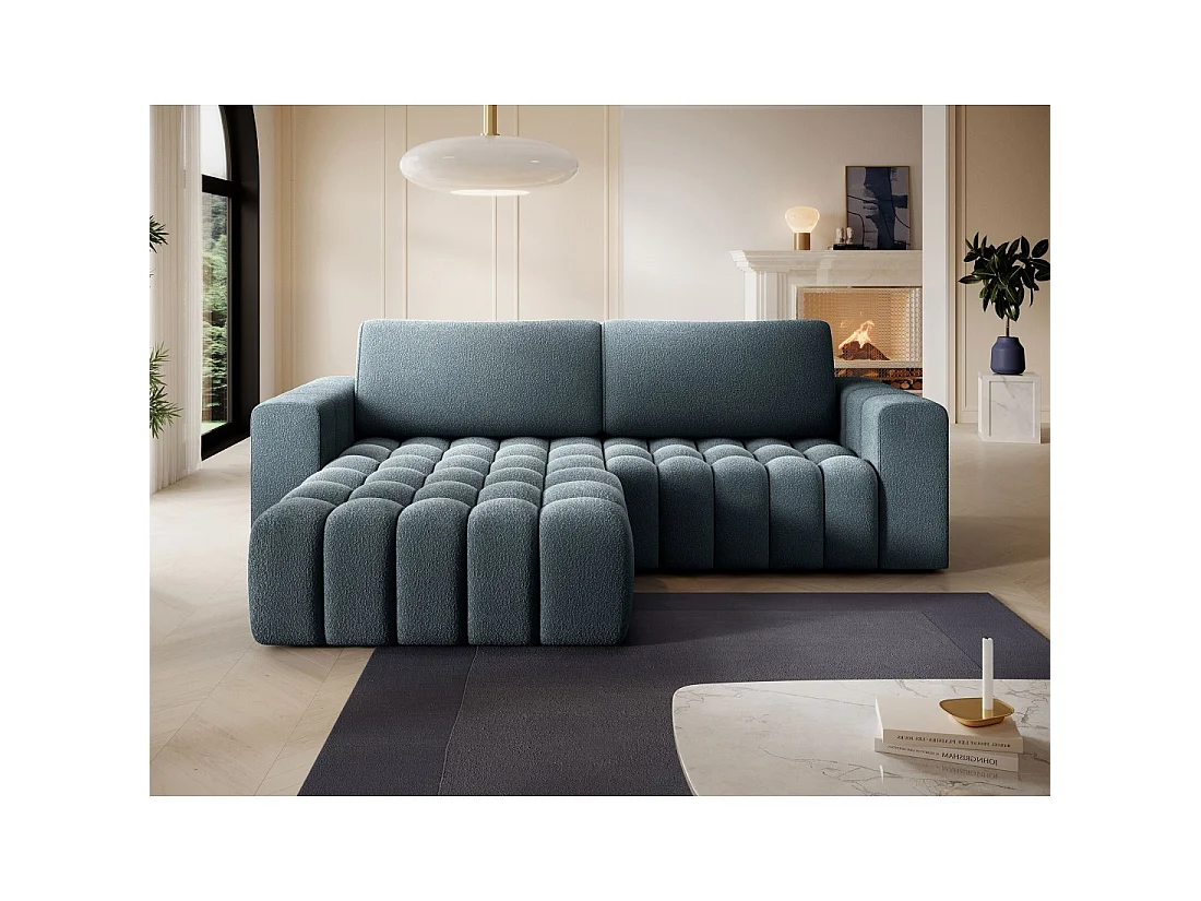 Canapé d'angle convertible DORY bleu nuit 250 cm avec coffre de rangement angle droit