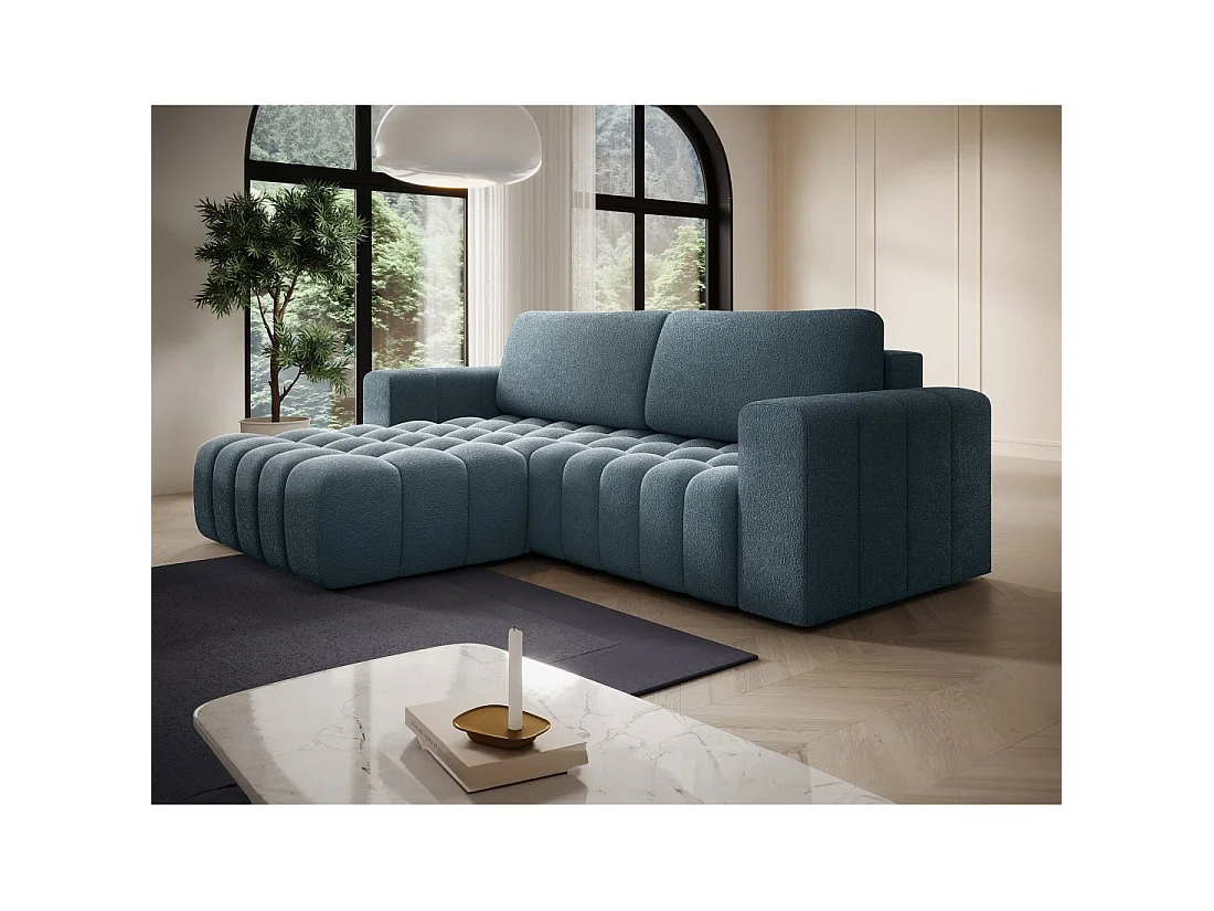 Canapé d'angle convertible DORY bleu nuit 250 cm avec coffre de rangement angle droit