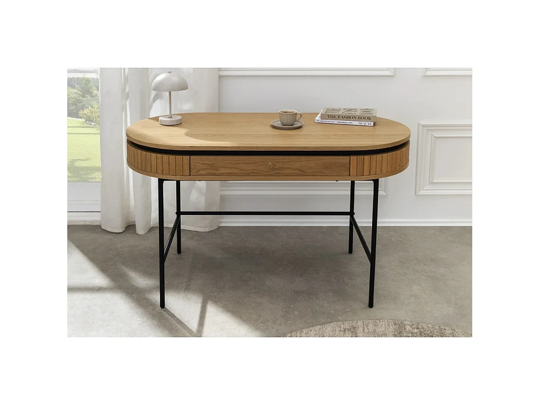 Bureau console SOREN 120 cm effet chêne clair avec tiroir et pieds en métal noir – Style chic