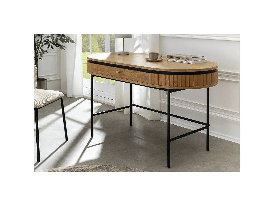 Bureau console SOREN 120 cm effet chêne clair avec tiroir et pieds en métal noir – Style chic