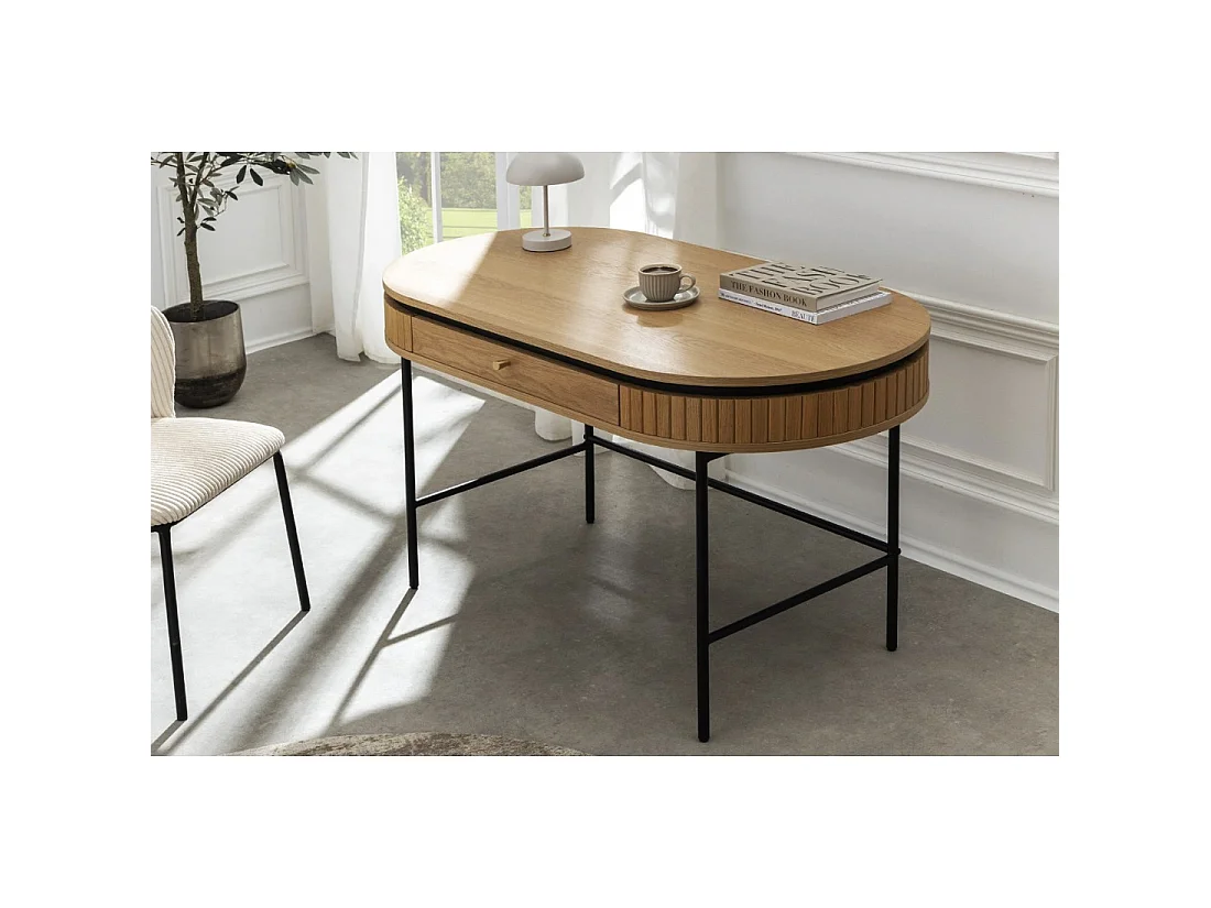 Bureau console SOREN 120 cm effet chêne clair avec tiroir et pieds en métal noir – Style chic