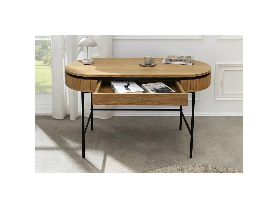 Bureau console SOREN 120 cm effet chêne clair avec tiroir et pieds en métal noir – Style chic