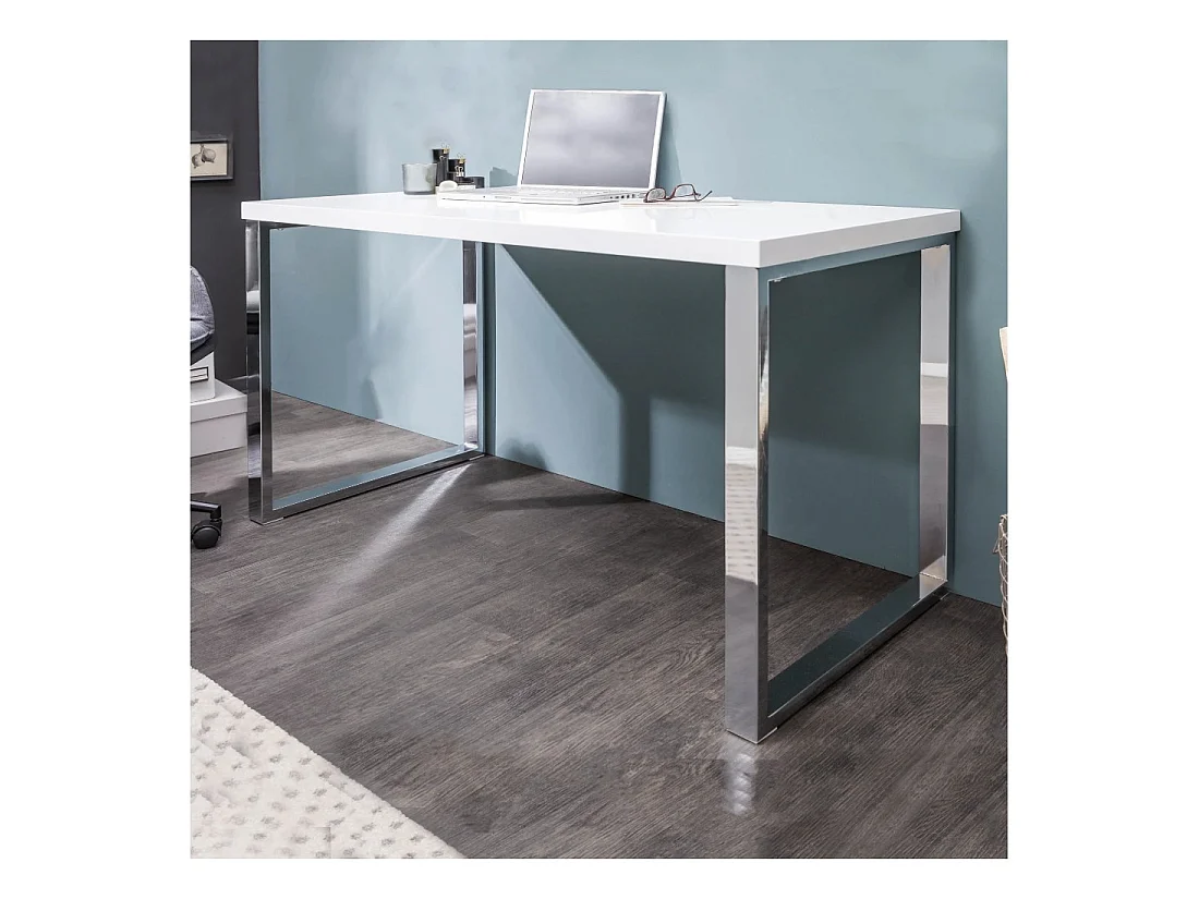 Bureaudesign MONZA 120x60 cm glanzend wit met zilveren chromen poten