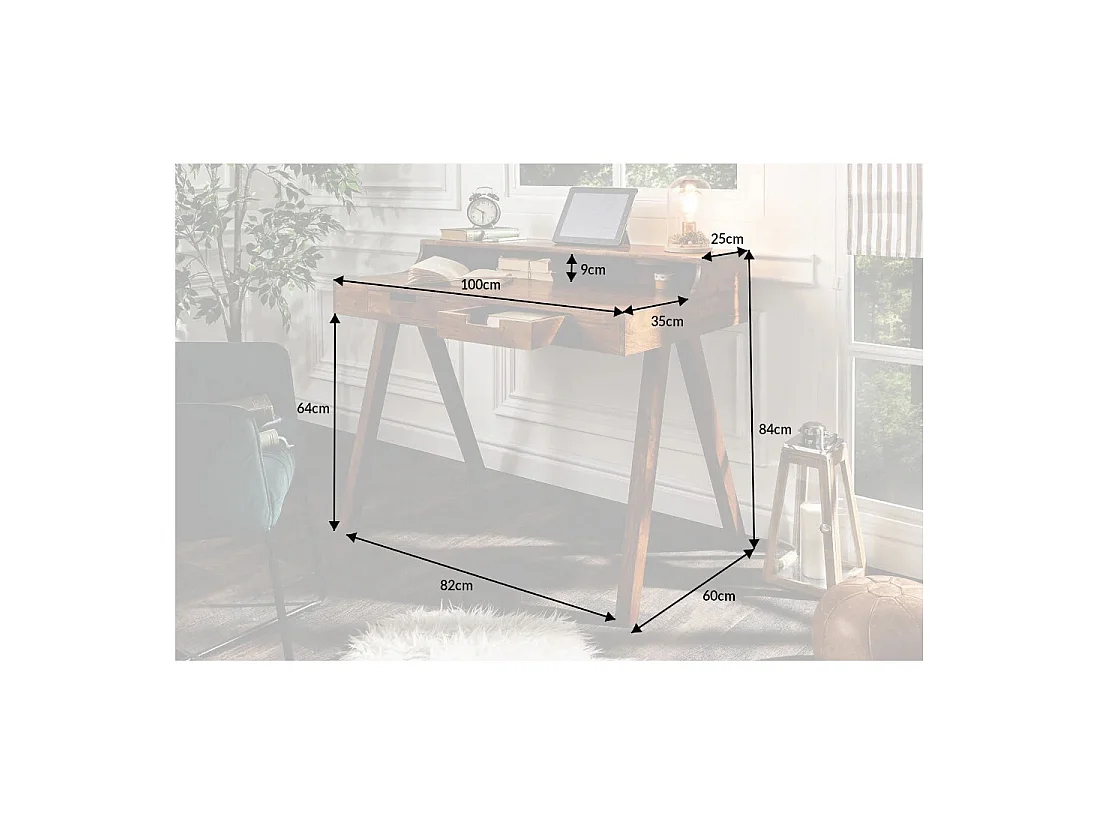 Bureau recht SKAGEN 100 cm in massief acaciahout met 2 lades en een plank - Stijl Davenport
